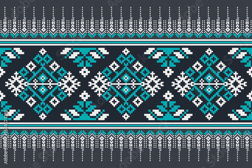 Cross Stitch pattern with Floral Designs. Traditional cross stitch needlework. Geometric Ethnic pattern, Embroidery, Textile ornamentation, fabric, Hand stitched pattern, Cultural stitching pixel art.
