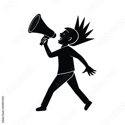 Activist silhouette announcing message with megaphone illustration in modern black and white design