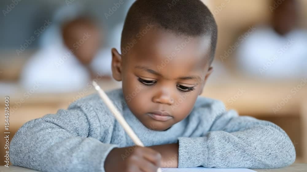 Focused African boy writing in classroom during test Focused African boy writing in classroom during test