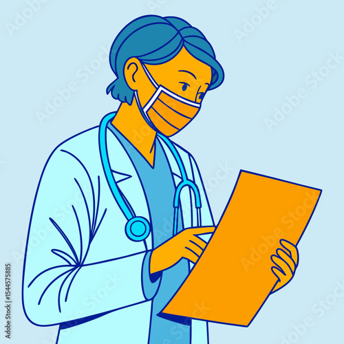 Professional portrait of a doctor in a white coat and gauze mask holding a blank A4 document, isolated on light hospital background
