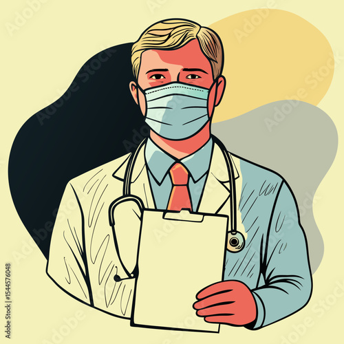 Professional portrait of a doctor in a white coat and gauze mask holding a blank A4 document, isolated on light hospital background
