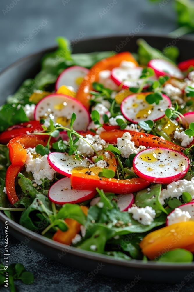 vegetable salad with crisp greens, sliced radishes, and vibrant peppers, generously sprinkled with cottage cheese vegetable salad with crisp greens, sliced radishes, and vibrant peppers, generously sprinkled with cottage cheese