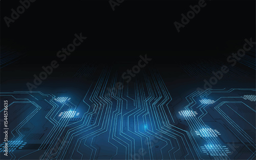 Digital Circuitry: Abstract glowing blue digital circuitry pattern on dark background, representing technological innovation and data flow.