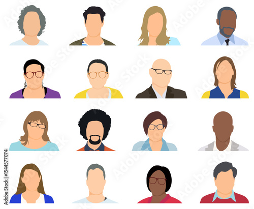 Vector people faces avatars and users collection - Set of illustrations with profile pictures of diverse people in various clothes and styles. Flat design in oval frame on white background 
