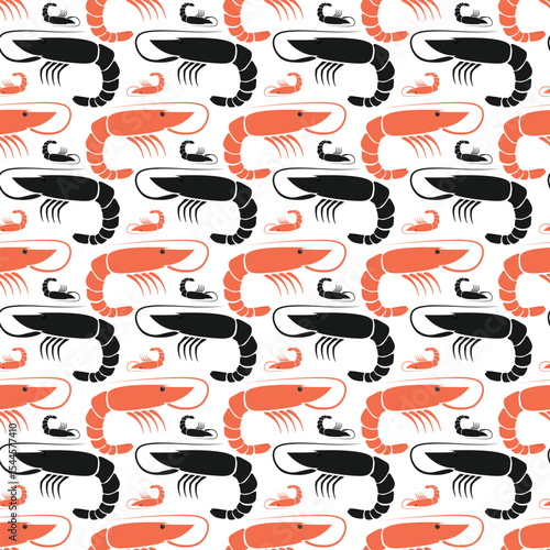 Seafood print. Fresh marine shrimp. Flat ocean prawn food. Seamless shrimps pattern.