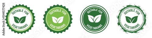 Four variations of vegetarian food suitability labels featuring green leaves and text element