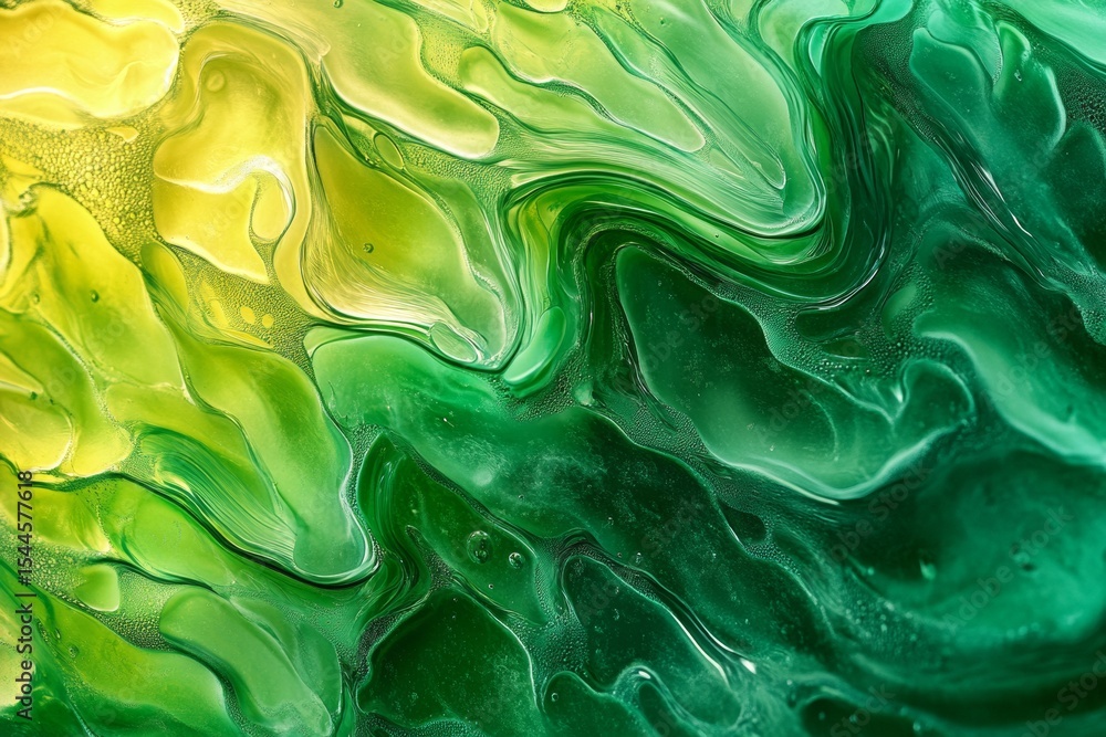 Obraz premium Close-up view of fluid-like waves flowing in a gradient of greens and yellows. The abstract design captures dynamic motion and visual energy, showcasing a stunning interplay of colors