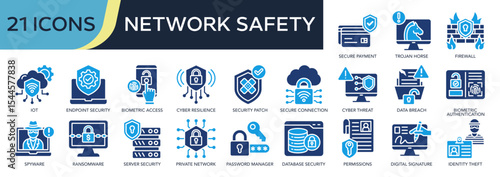 Collection of Network Safety icons, related to biometric access, trojan horse, cyber resilience, spyware, ransomware and more. Solid icons vector illustation.