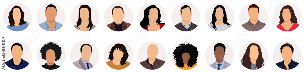 Vector people faces avatars and users collection - Set of illustrations with profile pictures of diverse people in various clothes and styles. Flat design in oval frame on white background Vector people faces avatars and users collection - Set of illustrations with profile pictures of diverse people in various clothes and styles. Flat design in oval frame on white background