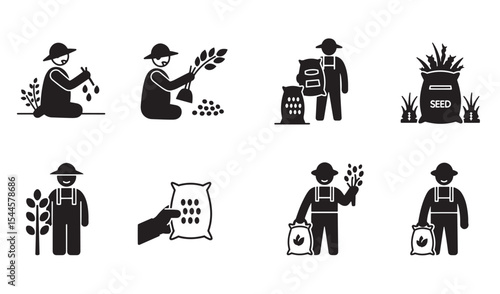 Agriculture icons representing various stages of farming activities from planting to harvest and seeding