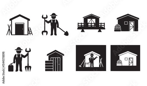 Black and white farmer and shed icons representing agriculture and gardening concepts