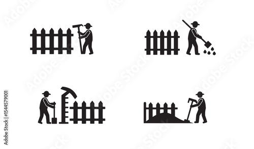 Black and white illustrations depicting various activities of a gardener and a fence
