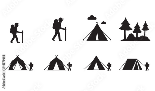 Camping and hiking icons set representing outdoor adventures and recreational activities