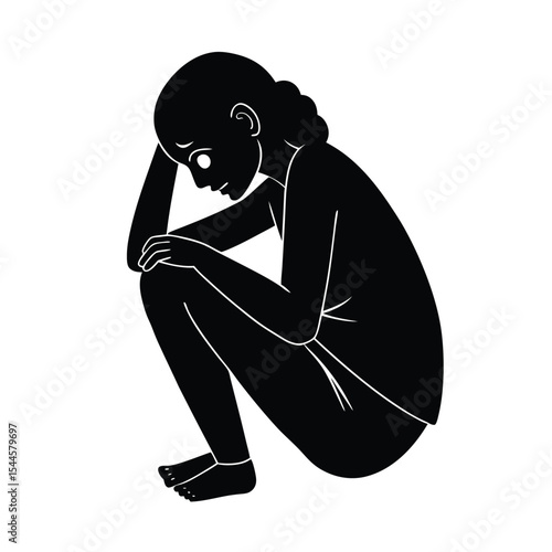 Silhouette depiction of a woman sitting in the fetal position showing sadness or despair in minimal art style.