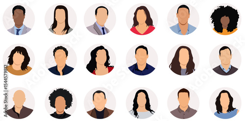 Vector people faces avatars and users collection - Set of illustrations with profile pictures of diverse people in various clothes and styles. Flat design in oval frame on white background 