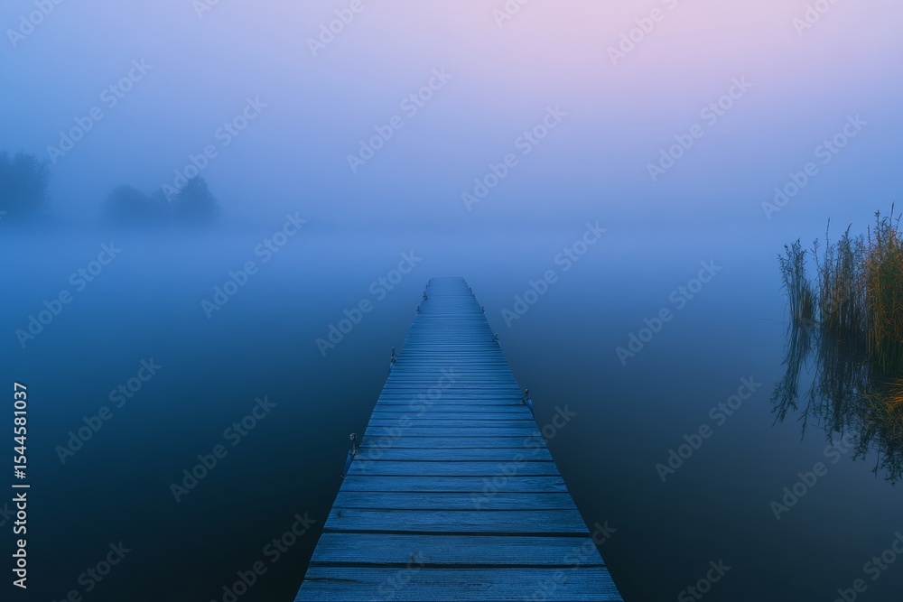 Obraz premium A tranquil dock stretches into a fog-enshrouded lake during dawn, enveloped in soft light. The landscape exudes calmness and mystery, inviting contemplation and reflection