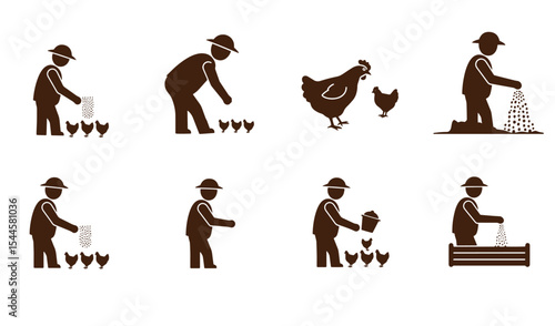 Farmer feeding chickens on farm silhouetted brown icons representing agricultural activities