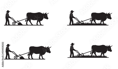 Farmer plowing a field using a bull in a silhouetted and classic farming illustration