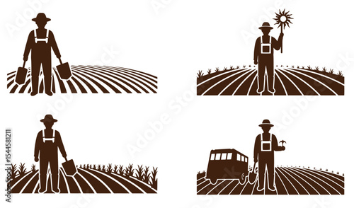 Farmer silhouette collection in a field representing rural life and agriculture concepts