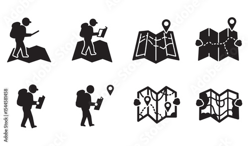 Hiking and map icons depicting navigation and travel with backpackers and route illustrations