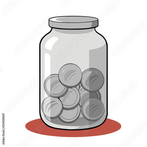 a clear glass jar with a gray lid containing several round coins, sitting on a red circular base.