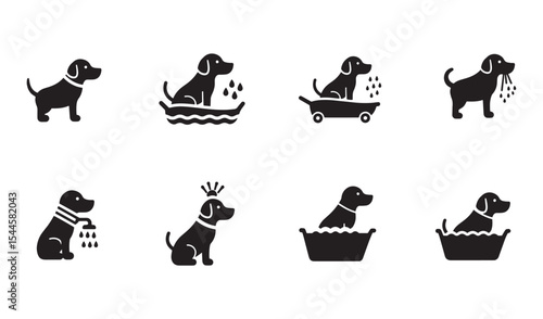 Playful minimalist icons show dogs enjoying bath time and grooming activities
