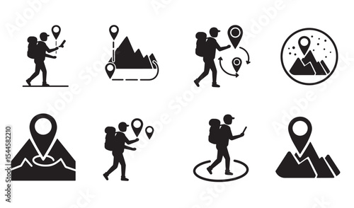 Set of black icons featuring hikers backpacks location markers and hiking navigation concepts