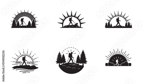 Set of black and white hiking adventure logos featuring rising sun and mountains