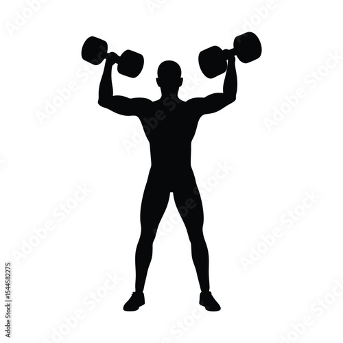 Silhouette of a man lifting dumbbells depicting strength fitness and exercise on a white background