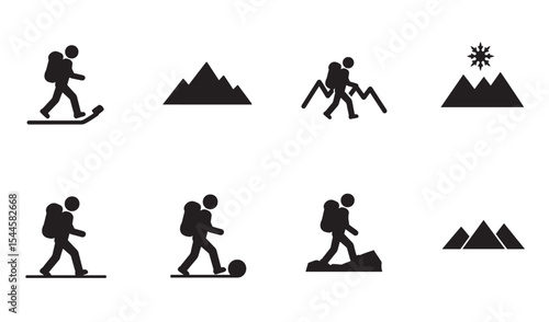 Set of eight simple black and white icons representing mountain hiking and outdoor adventures