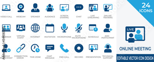 A complete vector icon set covering live video calls, webinars, screen sharing, and participant controls. Ideal for collaboration tools, training platforms, and virtual conferencing 