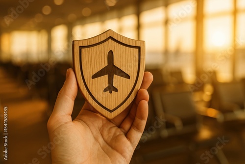Secure Your Flight with Travel Insurance Wooden Shield Icon at Airport Lounge Travel Concept Blurred Background