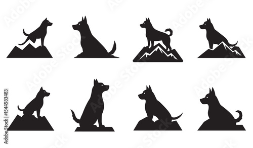 Silhouette illustrations of dogs and mountains representing outdoor adventure and canine companionship