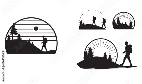 Silhouette illustrations of hiking people and mountain landscapes within decorative circular frames