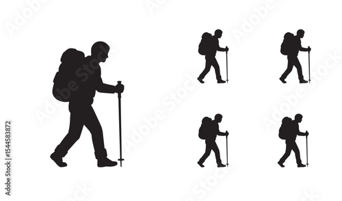Silhouette of a hiker with a backpack and trekking poles on white background