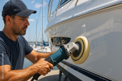 Man Polishing Yacht Hull at Marina Boat Maintenance Closeup Nautical Repair Scene