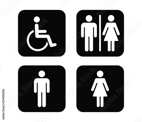 restroom and accessibility icon set with male, female, unisex, and wheelchair symbols on black background for signage and design use