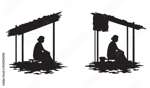 Silhouette of a woman resting under a shelter evoking solitude and contemplation vector illustration