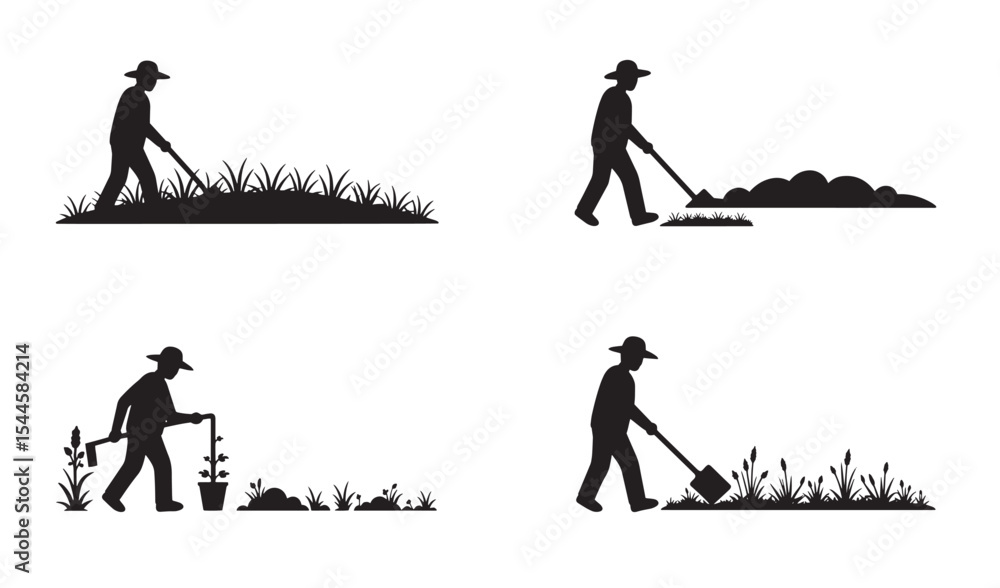 Fototapeta premium Silhouetted gardener engaging in various gardening activities on white background