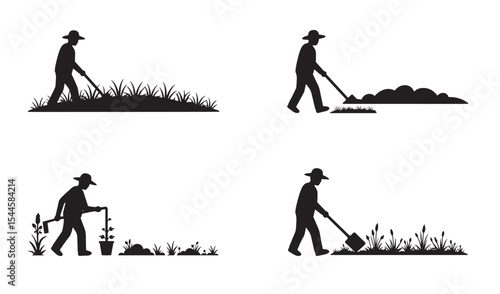 Silhouetted gardener engaging in various gardening activities on white background