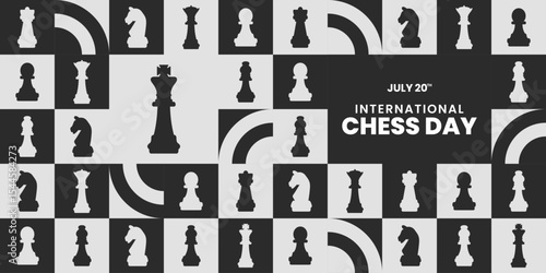 International Chess Day illustration background for web template, landing page with geometric mosaic