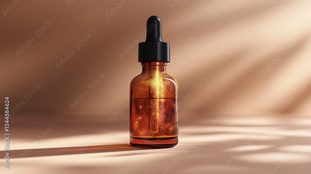 Naklejka premium Golden glow with natural shadow play. Amber dropper serum bottle in warm minimal setting. Perfect for skincare product ads, branding mockups, and wellness packaging design.