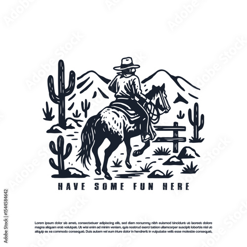 Vintage cowboy with his horse in the desert scenery