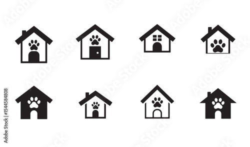 Simple set of paw print house icons representing pets pet care dog home