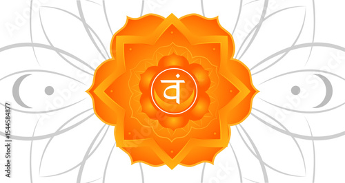 Orange second Svadhisthana chakra sign. Vector illustration. Abstract mandala grey white flower. Sunflower background. backdrop. Symbol circle frame. Chakras design yoga class banner. Meditation aura