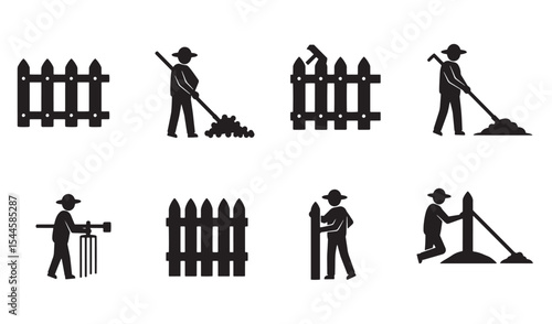 Vector illustrations depicting gardening activities and building a wooden picket fence