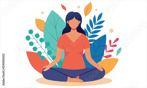 Woman meditating in lotus position surrounded by colorful leaves