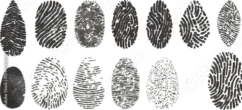 set of Modern Black Fingerprint Silhouette in White Background – Detailed Thumbprint Sign and Identity Symbol Design for Security and ID Graphic Elements
