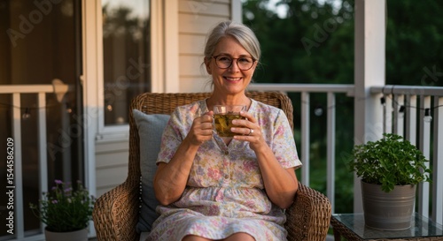 Serene porch moment Woman enjoys tea