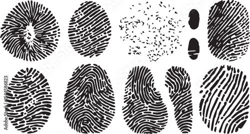 set of Black Fingerprint Icon on White Isolated Background – Grunge Thumbprint Sign and Identity Symbol for Graphic Design and Digital Art Projects
